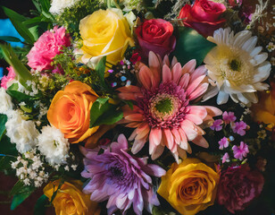 Happiness mother's day, colorful vibrant bouquet of various flowers, Flat lay, close up, Wide angle