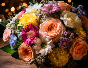 Obraz na płótnie Canvas Happiness mother's day, colorful vibrant bouquet of various flowers, Flat lay, close up, Wide angle