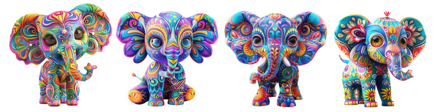 Cartoon colorful elephant Isolated cutout on transparent background. Set of cute cartoon characters elephants