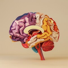Side View of a Multicolored Paper Cut Craft Depicting Human Brain Regions on a Beige Background