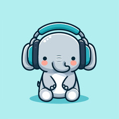Adorable elephant wearing headphone in a flat design illustration, representing the animal in tech concept