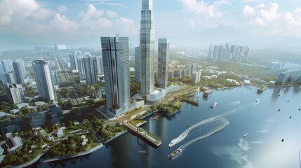 aerial view of shanghai city skyscrapers and lake