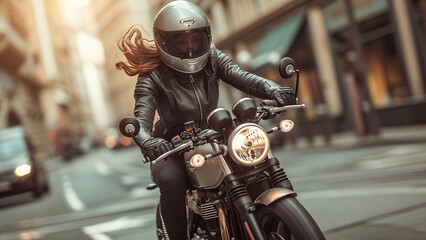 Urban Chic: Woman Riding Cafe Racer Motorcycle Through City Streets - obrazy, fototapety, plakaty