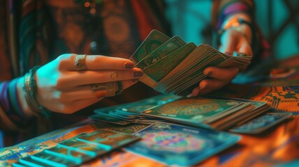 a close up of female hands drawing the tarot cards from the deck. A fortune teller woman doing divination indoors on pastel gradient surface - obrazy, fototapety, plakaty