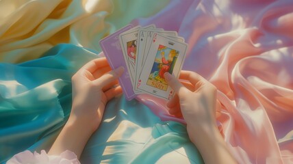 a close up of female hands drawing the tarot cards from the deck. A fortune teller woman doing divination indoors on pastel gradient surface - obrazy, fototapety, plakaty