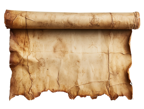 Old mediaeval paper sheet parchment scroll  on white or transparent background
