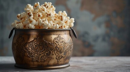 A vintage-inspired tin canister with a distressed finish, storing gourmet popcorn infused with truffle oil.