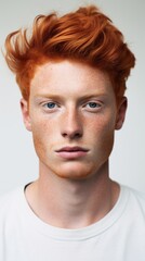 Obraz premium A close-up Studio Portrait of a young confident red-haired stylish man with freckles, blue eyes, fashionable hairstyle, wearing a T-shirt and looking directly into the camera on a white background.