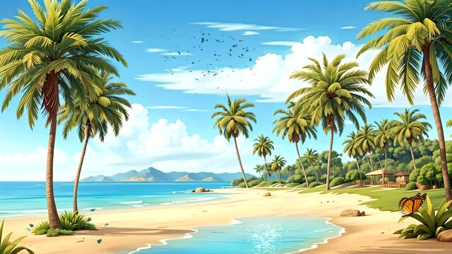Summer landscape on the beach with palm trees by the shore.  Seamless looping 4k time-lapse  virtual video Animation background
