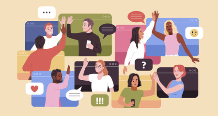 People give five. Employees team rejoices at success in general business chat, launching project, video conference, online communication, cartoon flat style isolated tidy vector concept