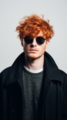 Obraz premium A studio Portrait of a young confident red-haired stylish man with a fashionable hairstyle, stubble, wearing sunglasses, a black coat and looking directly into the camera on a white background.