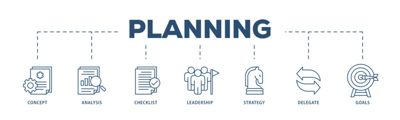 Planning icons process structure web banner illustration of concept, analysis, checklist, leadership, strategy, delegate and goals icon live stroke and easy to edit 