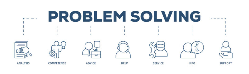 Problem solving icons process structure web banner illustration of analysis, critical thinking, creativity, emotional intelligence, research, team building  icon live stroke and easy to edit 
