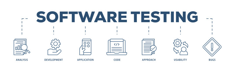 Software testing icons process structure web banner illustration of bugs, code, usability, approach, application, development, analysis icon live stroke and easy to edit 