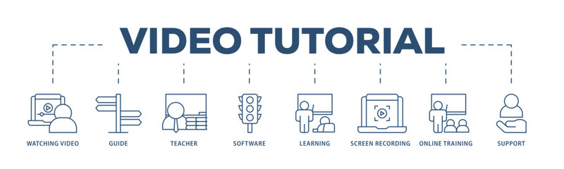 Video tutorial icons process structure web banner illustration of watching video, guide, teacher, software, learning, screen  recording, online training, support icon live stroke and easy to edit 