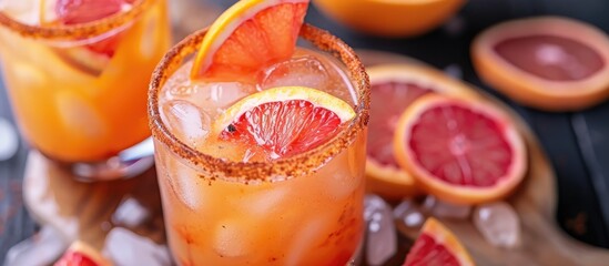 A detailed view of a vibrant blood orange margarita cocktail with a smoked paprika rim, served in a classic old-fashioned glass. The drink is garnished with fresh blood orange slices and pink
