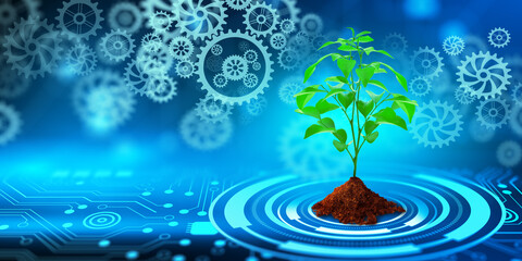 Green Plant sprout on soil with Cogwheels. Blue light and Technology background. Biotechnology, Biology, Ecology and Modern technology Concept.