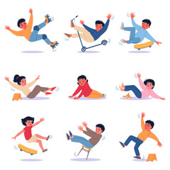 Falling children. Kids who have lost balance, boys and girls slipped and stumbled, active games danger, traumatic situations, crying injured child, cartoon flat style isolated vector set