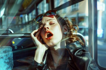 Exhausted Businesswoman Yawning During Commute on Tram