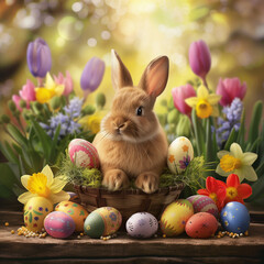 Fototapeta premium Cute Bunny and Easter Basket Amidst Bright Easter Spring Blooms with Daffodils, Tulips, Hyacinths