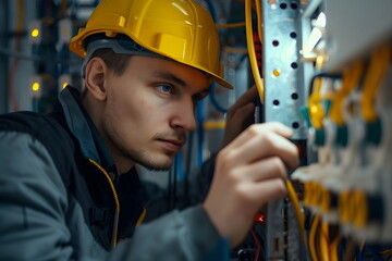 Closeup of an electrician inspecting wiring in a factory - obrazy, fototapety, plakaty