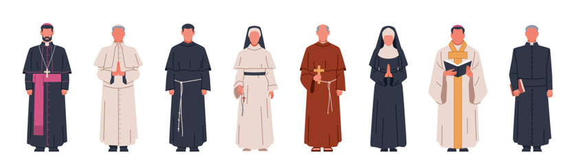 Catholic church characters. Christianity direction, people in religious robes, different church ranks, monks and priests, men dressed in classical robes cartoon flat isolated nowaday vector set - obrazy, fototapety, plakaty