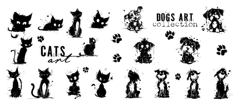 Cute cats art in different poses. Pets silhouettes, various kittens and tomcats, shown sitting and lying down. Vector collection of drawn cats with lots of details and artistic spots.