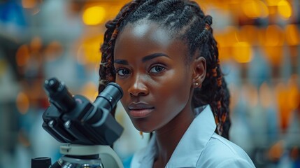 Woman in Lab Coat Looking Through Microscope - obrazy, fototapety, plakaty