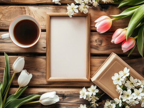 Blank photo frame, flowers and cup coffee