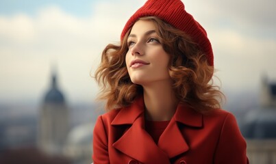 BEAUTIFUL YOUNG WOMAN IN RED BERET AND RED COAT IN PARIS. Retro. French style.