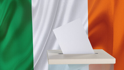 Blank ballot with space for text or logo is dropped into the ballot box against the background of the flag of Ireland. Election concept. 3D rendering. Mock up