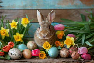 Fototapeta na wymiar Cute Bunny Amidst Bright Easter Spring Blooms with Daffodils, Tulips, Hyacinths
