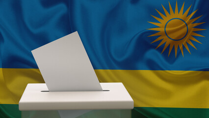 Blank ballot with space for text or logo is dropped into the ballot box against the background of the flag of Rwanda. Election concept. 3D rendering. Mock up