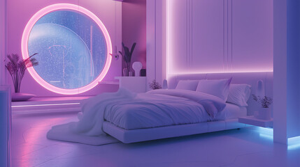 3d rendering of a modern bedroom in purple with a round mirror