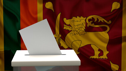 Blank ballot with space for text or logo is dropped into the ballot box against the background of the flag of Sri Lanka. Election concept. 3D rendering. Mock up