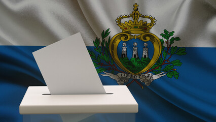 Blank ballot with space for text or logo is dropped into the ballot box against the background of the flag of San Marino. Election concept. 3D rendering. Mock up