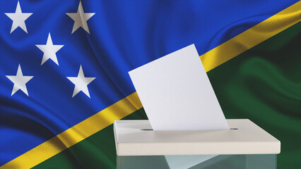 Blank ballot with space for text or logo is dropped into the ballot box against the background of the flag of Solomon Islands. Election concept. 3D rendering. Mock up