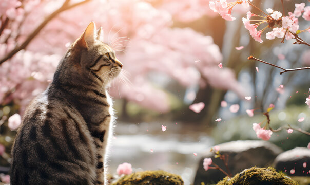 Tabby cat looks at a cherry blossom in the garden. Hanami festive banner concept. Blooming sakura with pink flowers in spring season. Spring wildlife pets concept. Beautiful nature background.