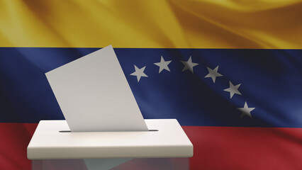 Blank ballot with space for text or logo is dropped into the ballot box against the background of the flag of Venezuela. Election concept. 3D rendering. Mock up