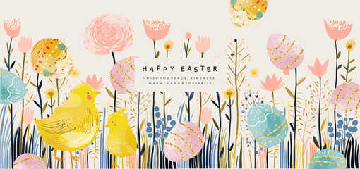 Happy easter! Vector floral illustration of watercolor Easter eggs, chick, flowers and plants for background, banner or greeting card