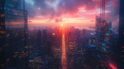 Editorial take on the futuristic cityscapes at twilight - (3) - obrazy, fototapety, plakaty