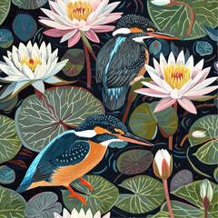 Seamless Endless Repeating Pattern of Kingfishers and Water Lilies: Bright Plumage and Gentle Flowers in a Tranquil Pond Setting - A Vibrant Contrast in Nature, Perfect for Fabric and Wallpaper Design