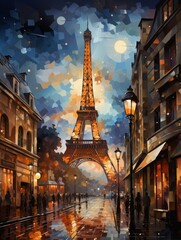 A bright picture with the sights of Paris. splashes of color. An emotional picture. Evening city. Sunset. Streets.