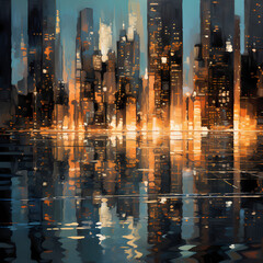 Abstract city lights reflected in water.