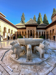 Lion Fountain in Alhambra. The medieval building is a major tourist attraction, Granada, Spain