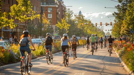 The bustling activity of city bike lanes, blending editorial and magazine styles -