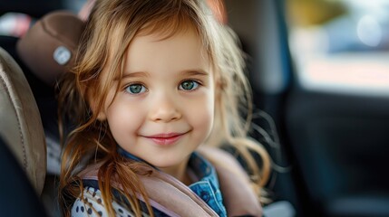 Portrait of a cute little girl in a car seat. Child safety concept.