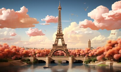 Retro style. Pastel colors . A bright picture with the sights of Paris. splashes of color. An emotional picture eiffel tower - obrazy, fototapety, plakaty