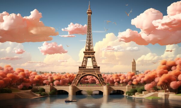 Retro style. Pastel colors . A bright picture with the sights of Paris. splashes of color. An emotional picture eiffel tower