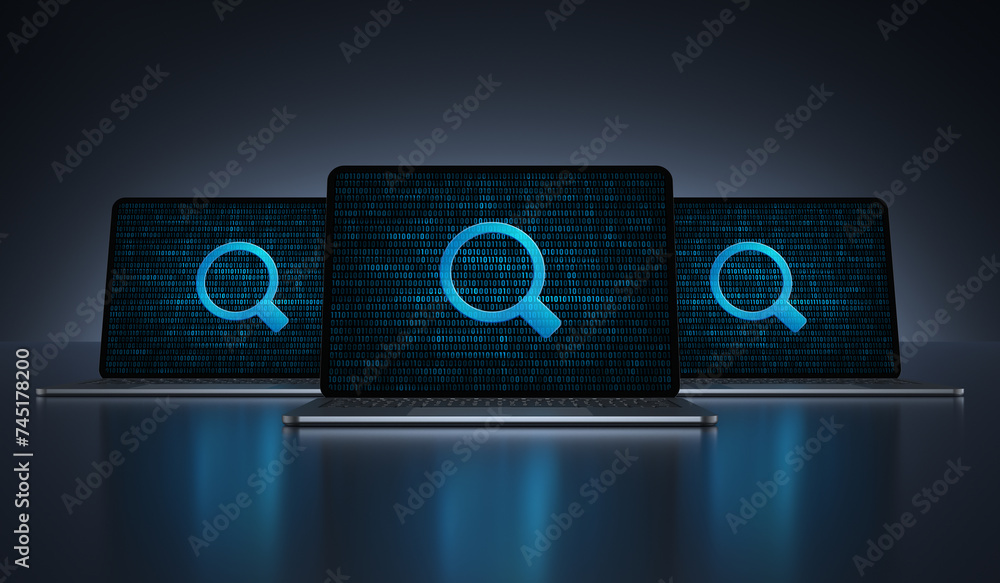 Poster laptop devices with magnifier search icon on their screens on a dark background. realistic rendering
